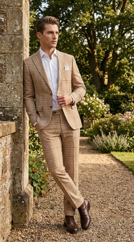 Beige Tan Plaid windowpane Two Piece Suit for Men | Classic Checkered Formal Suit with Jacket and Pants by Rossiman - Image 8