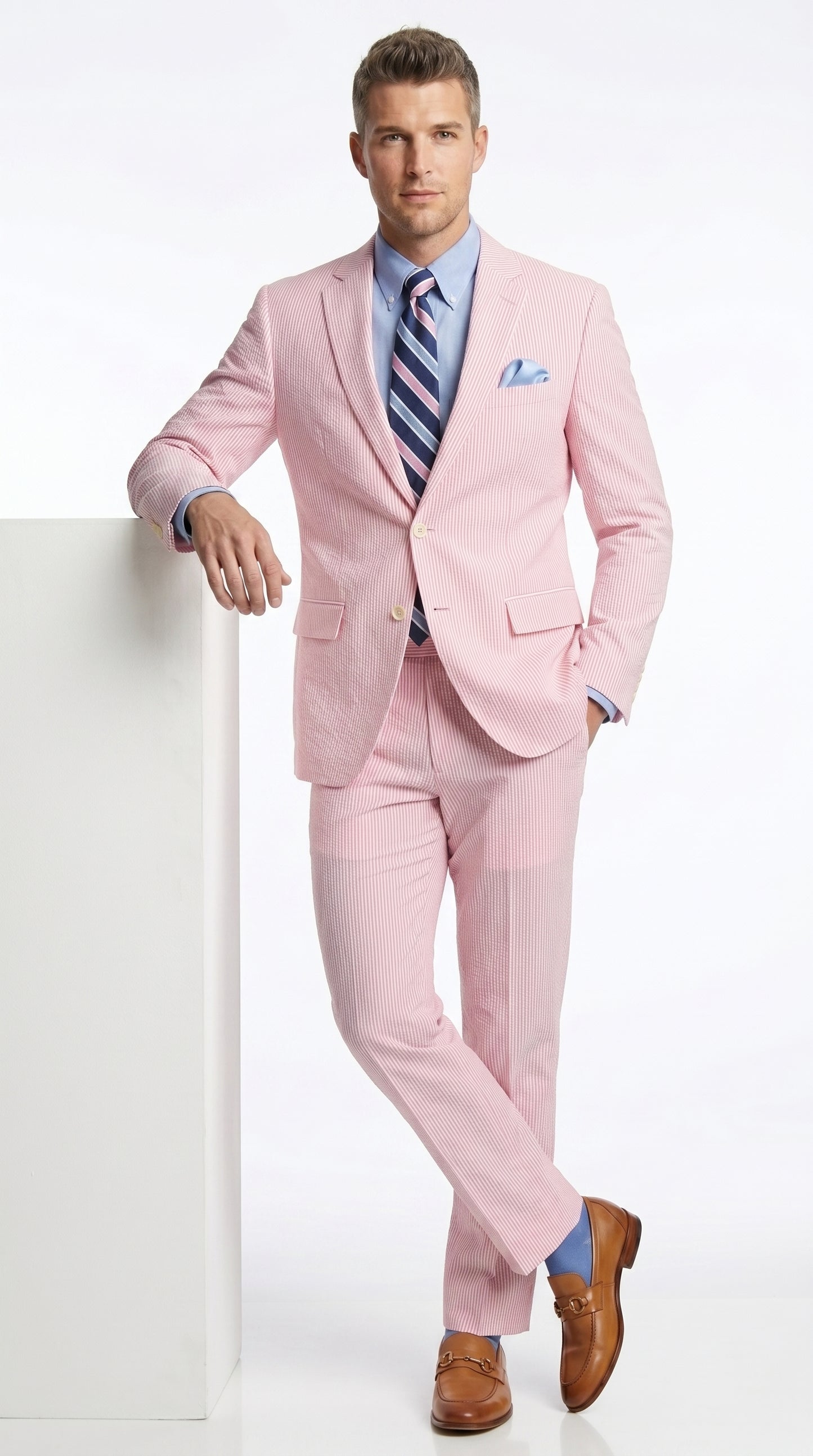 Men’s Pink Seersucker 2 Piece Suit, Lightweight Summer Dress Suit for Weddings, Prom, Parties, and Special Occasions Modern Fit