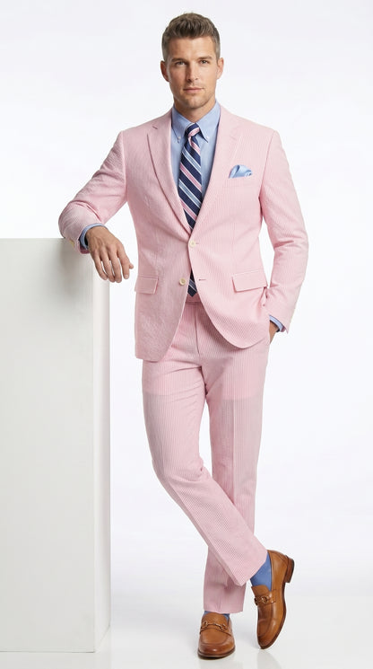 Men’s Pink Seersucker 2 Piece Suit, Lightweight Summer Dress Suit for Weddings, Prom, Parties, and Special Occasions Modern Fit