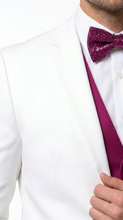 White and Burgundy Tuxedo Wedding Suit for Men – White Dinner Jacket with Burgundy Vest, Pants and Bow Tie