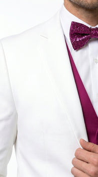 White and Burgundy Tuxedo Wedding Suit for Men – White Dinner Jacket with Burgundy Vest, Pants and Bow Tie
