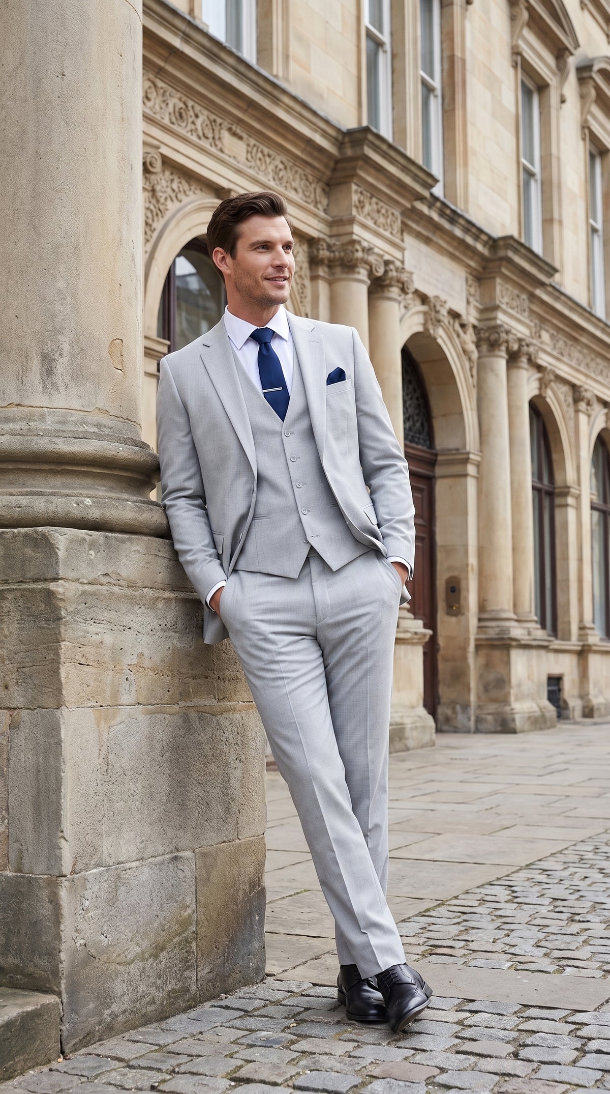 Men’s Silver & Navy Blue 3-Piece Suit – Wedding, Business and Formal Suit with Free Matching Tie  Modern Fit