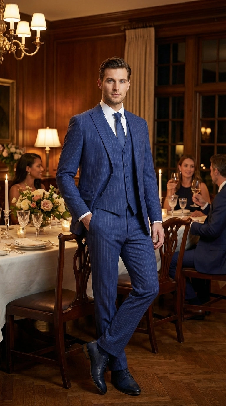 Men’s Cobalt Blue 3 Piece Suit – Indigo Light Blue Pinstripe Formal Suit with Vest for Wedding, Business Two buttons Modern Fit