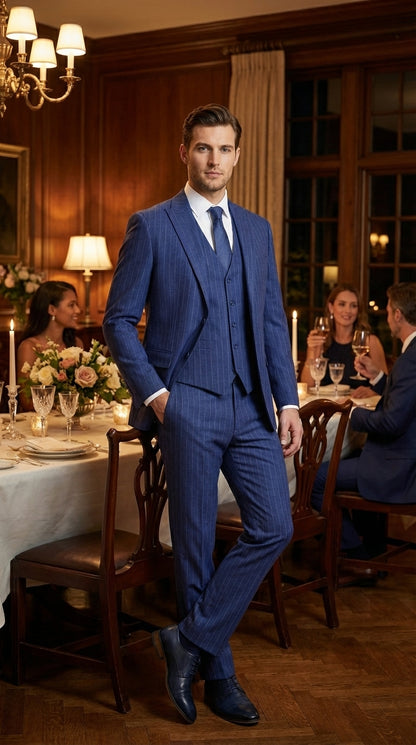 Men’s Cobalt Blue 3 Piece Suit – Indigo Light Blue Pinstripe Formal Suit with Vest for Wedding, Business Two buttons Modern Fit