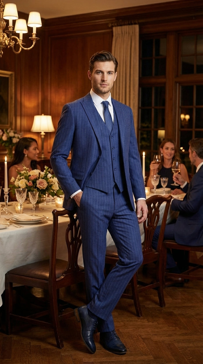 Men’s Cobalt Blue 3 Piece Suit – Indigo Light Blue Pinstripe Formal Suit with Vest for Wedding, Business Two buttons Modern Fit