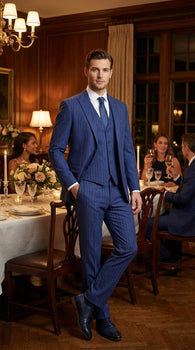 Men’s Cobalt Blue 3 Piece Suit – Indigo Light Blue Pinstripe Formal Suit with Vest for Wedding, Business Modern Fit Two buttons