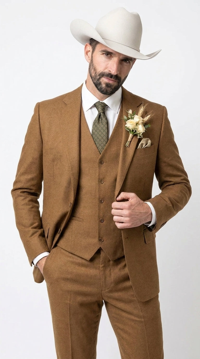 Men’s Tan Groom Outfit Country Wedding 3 Piece Suit Khaki Camel Color Modern Fit