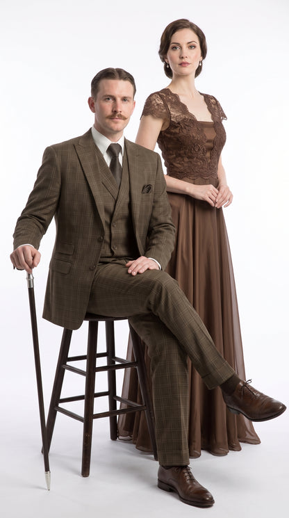Men’s Edwardian Brown Plaid 3-Piece Suit – Vintage Double-Breasted Vest Wedding and Formal Suit Modern Fit