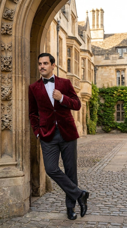 Men’s Gomez Addams Inspired Costume, Burgundy Velvet Blazer with Black Pants Formal Party Outfit Combo