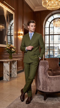 Men’s Olive Green Double-Breasted Suit – Classic Peak Lapel Wedding, Business Hunter Color