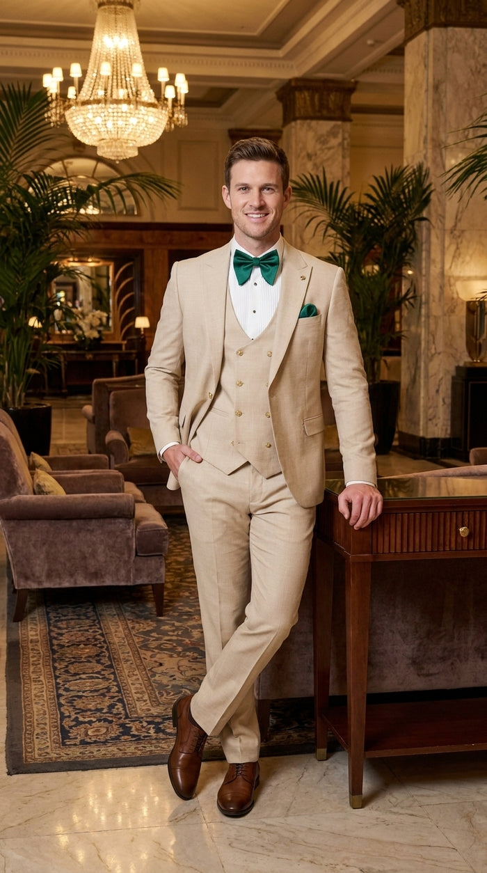 Men’s Khaki Tan 3-Piece Groomsmen Suit – Wedding Suit with Double-Breasted Vest and Pants Great Gatsby Style Gold buttons Modern Fit