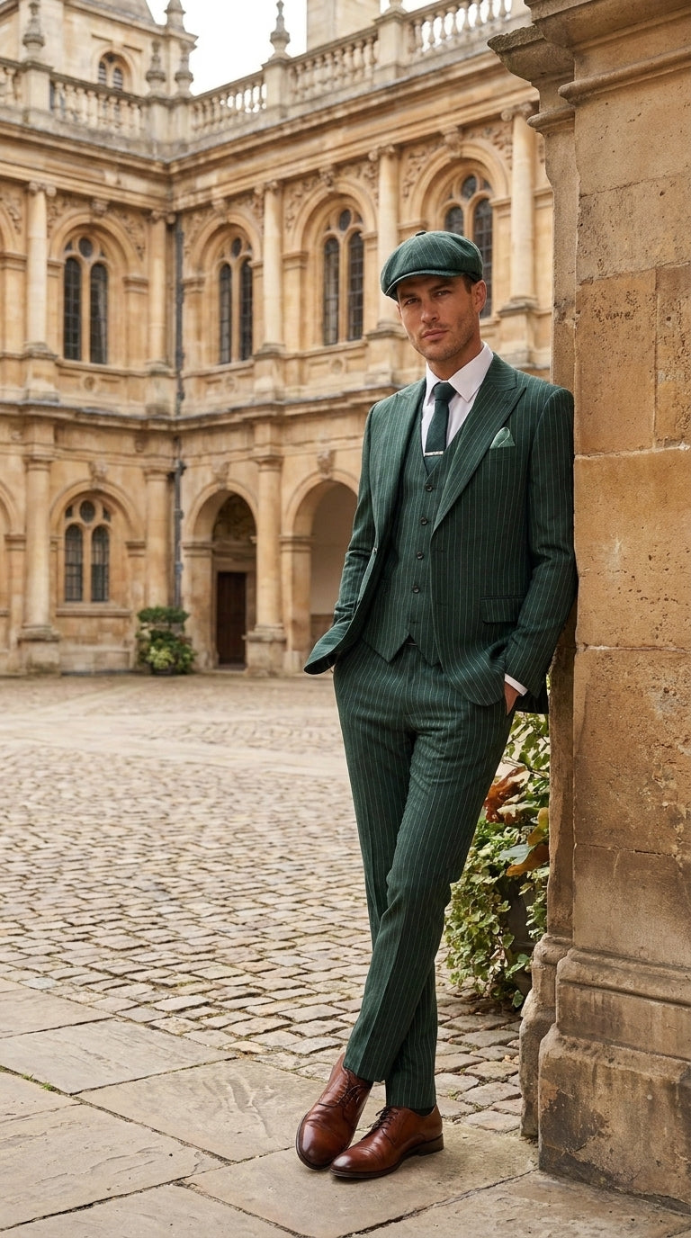 Men’s Hunter Green Pinstripe 3-Piece Suit – Vintage Wedding, Prom and Formal Suit with Matching Vest Modern Fit