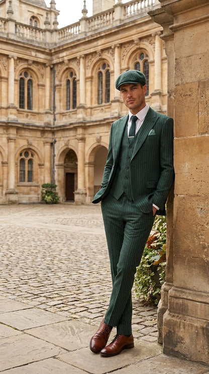 Men’s Hunter Green Pinstripe 3-Piece Suit – Vintage Wedding, Prom and Formal Suit with Matching Vest Modern Fit