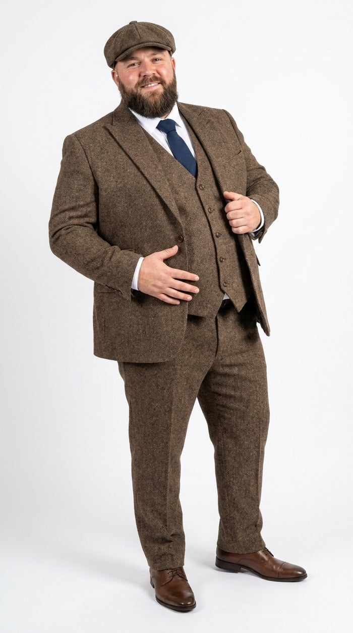 Peaky Blinder Men’s Brown Tweed 3-Piece Suit – Vintage Wedding, Business and Formal Suit  with Matching Vest and Pants Modern Fit