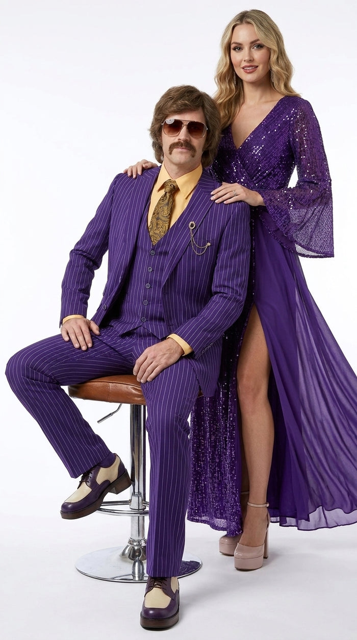 Men’s Purple Pinstripe 3-Piece Suit – 1970s Disco, Pimp, Retro Rockabilly and Party Suit Modern Fit