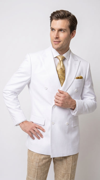 Men’s White Double Breasted Blazer, Formal Dress Jacket for Weddings, Prom, Parties, Dinner Events, and Special Occasions