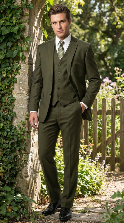 Men’s Olive 3 Piece Suit with Blazer, Vest and Pants, Formal Wedding Business Dress Suit