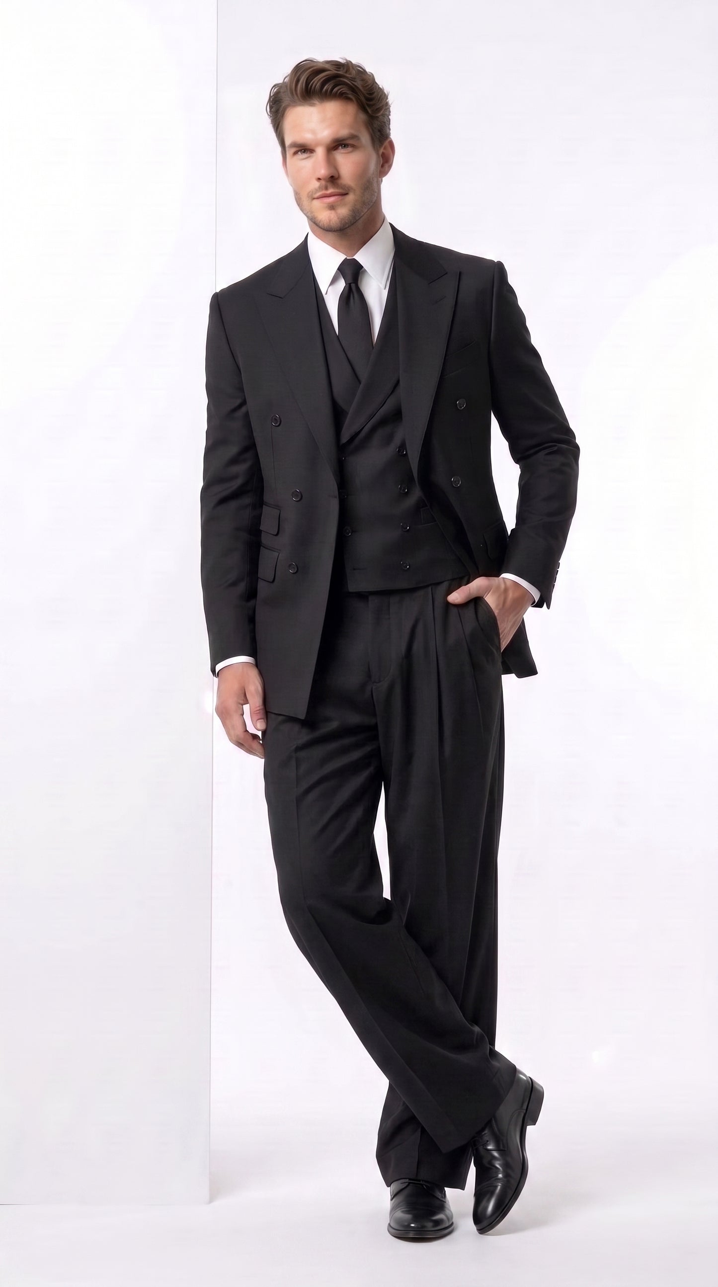 Tiglio Rosso Men’s Black Super 150’s Italian Wool 3-Piece Suit – Double-Breasted Jacket, Vest and Wide-Leg Pleated Pants