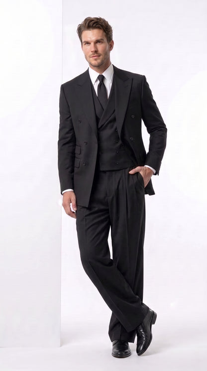 Tiglio Rosso Men’s Black Super 150’s Italian Wool 3-Piece Suit – Double-Breasted Jacket, Vest and Wide-Leg Pleated Pants