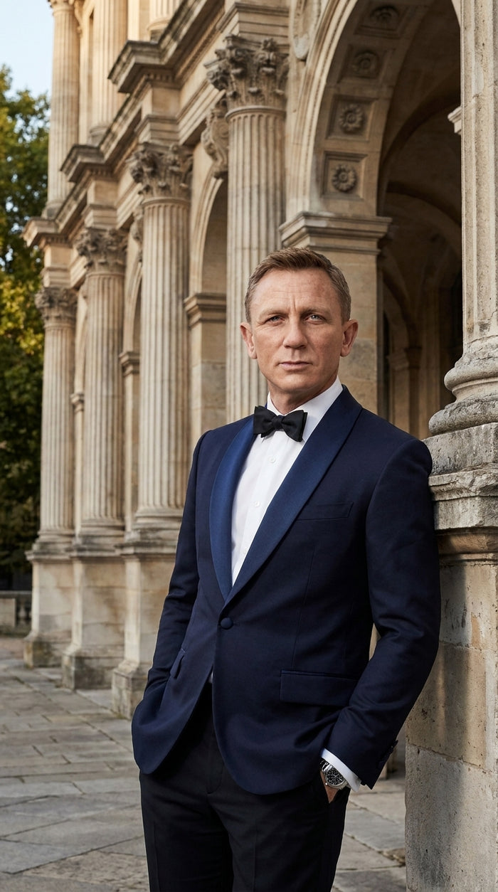 Men’s Navy James Bond Tuxedo Dinner Jacket – Satin Shawl Lapel Wedding, Prom and Black-Tie Blazer