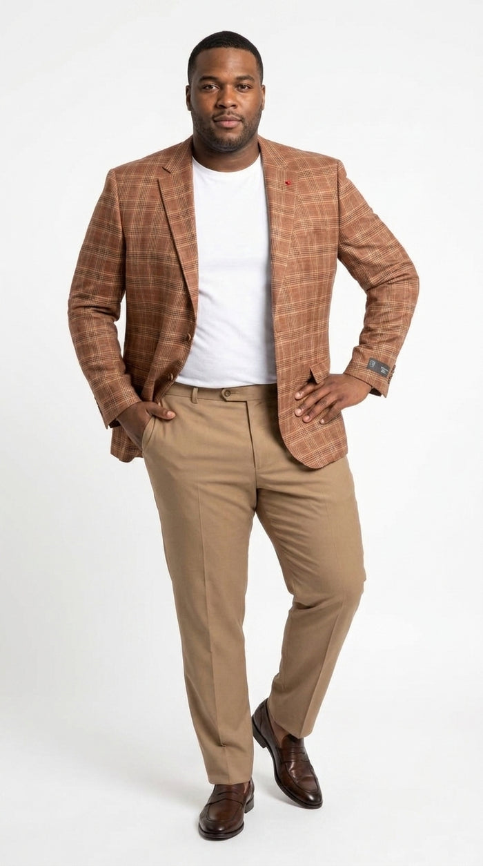 Vitali Men’s Rust Copper Brown Plaid Blazer with Tan Pants – Classic Windowpane, Business and Smart-Casual Birck color  Suit
