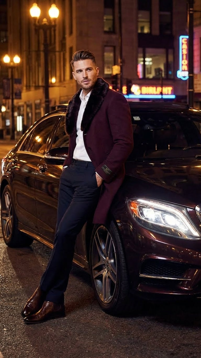 Men’s Burgundy Three Quarter Coat with Faux Fur Collar Overcoat – Luxury Winter Outerwear Three Quarter Carcoat Topcoat