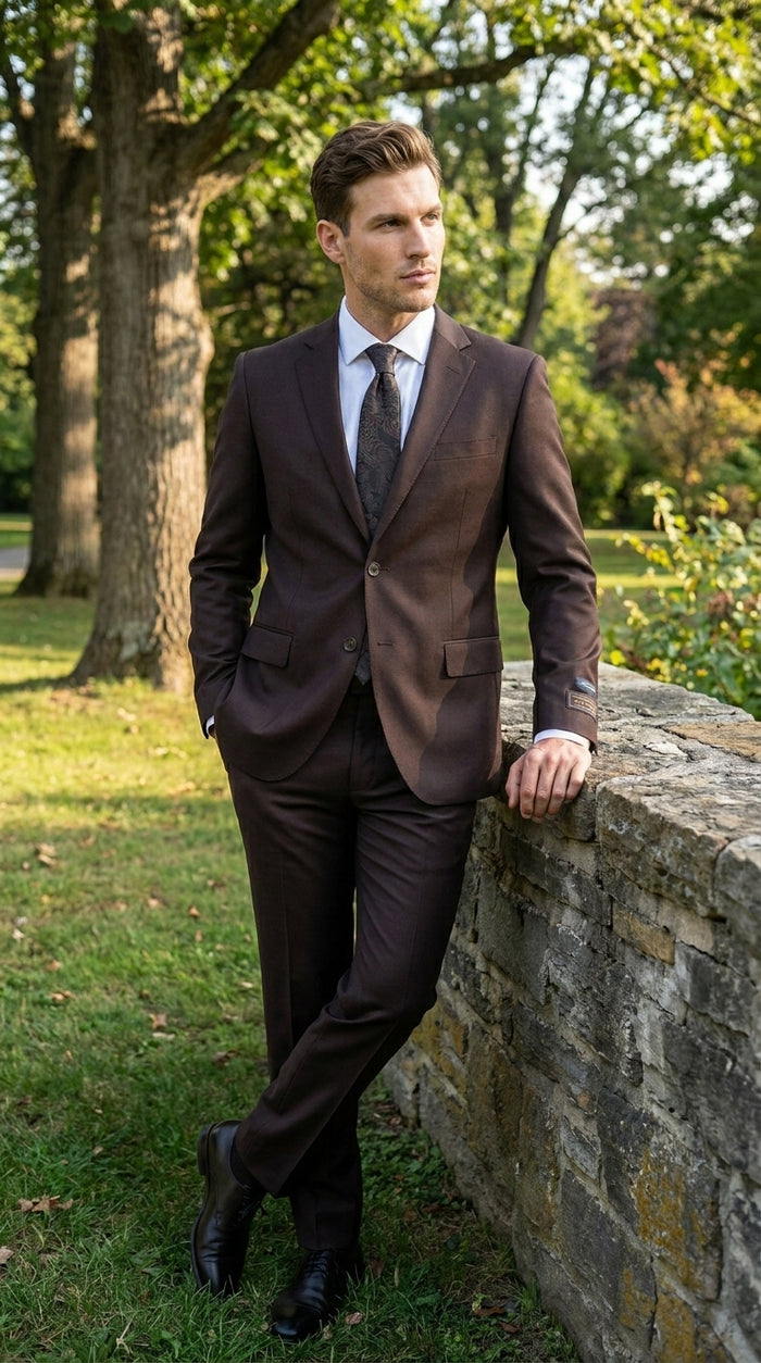 Men’s Tiglio Italian Brown Suit with Two Button Blazer and Matching Pants, Formal Business Wedding Suit