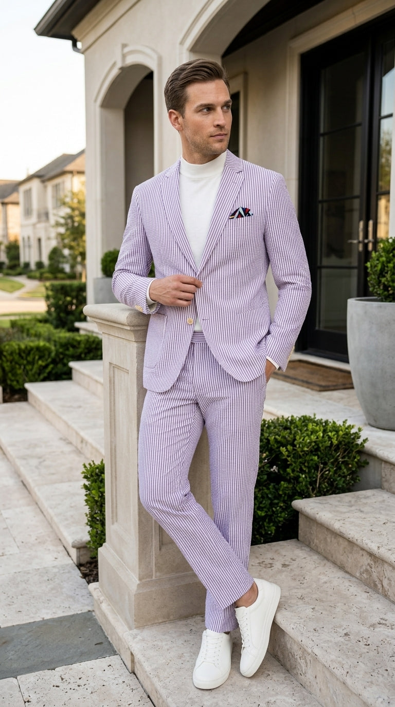 Men’s Lavender Seersucker 2 Piece Suit, Lightweight Summer Blazer and Pants Set for Weddings, Parties, Prom, and summer fabric