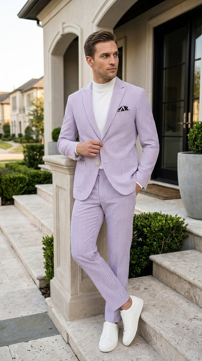 Men’s Lavender Seersucker 2 Piece Suit, Lightweight Summer Blazer and Pants Set for Weddings, Parties, Prom, and summer fabric