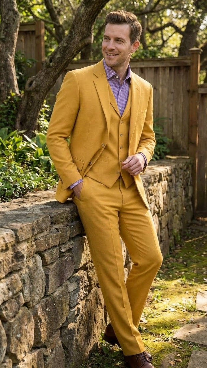 Men’s Mustard Yellow Three Piece Suit | 2 Button Notch Lapel in Gold Color - Church Suit Modern Fit