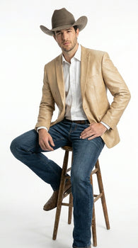 Men’s Champagne Gold Western Blazer, Formal Cowboy Wedding Ranch Sport Coat Jacket tan beige color sheen sharkskin fabric