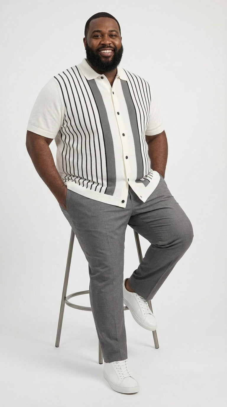 Mens White and Charcoal Gray Stripe Walking Suit Plus Matching Pants – Short Sleeve Button Shirt and Pants Casual Summer Outfit for Travel, Vacation and Everyday Wear