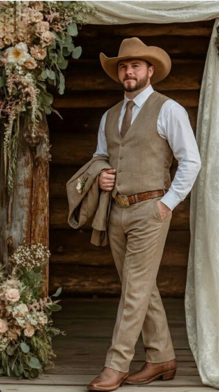 Mens Sharkskin Dark Taupe Tan with sheen Western 3 Piece Suit – Classic Country Style Blazer Vest Pants Set, Formal Cowboy Suit Outfit