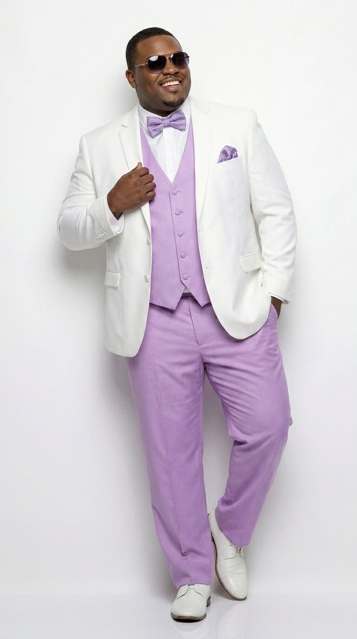 Men’s White and Lavender Tuxedo Wedding Suit with Dinner Jacket, Vest, Pants and Bow Tie