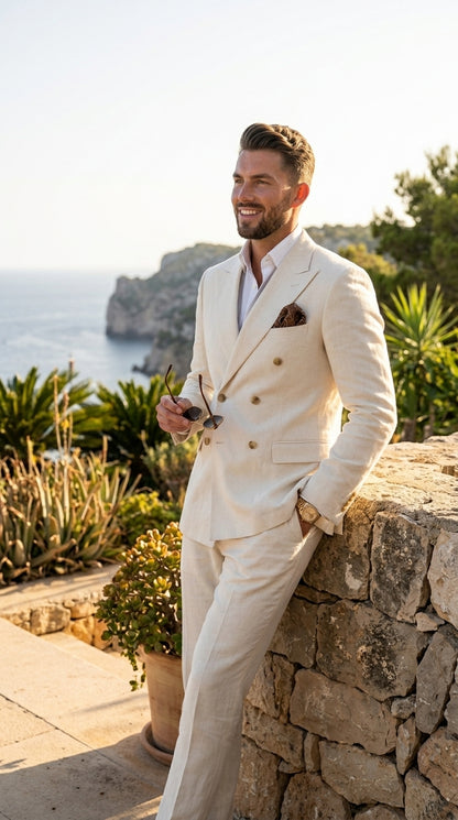 Men’s Ivory Linen Double Breasted Blazer, Lightweight Wedding Dinner Sport Coat Jacket Cream Off White Ivory / 54 Regular