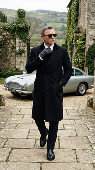 Men’s Black Double Breasted Overcoat, James Bond Inspired Long Formal Coat for Weddings, Business Events, Parties, and Winter Occasions
