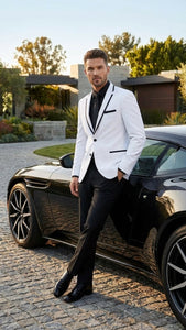 Men’s White Blazer with Black Trim | Wedding and Party Formal Blazer Jacket - White Tuxedo Prom Jacket