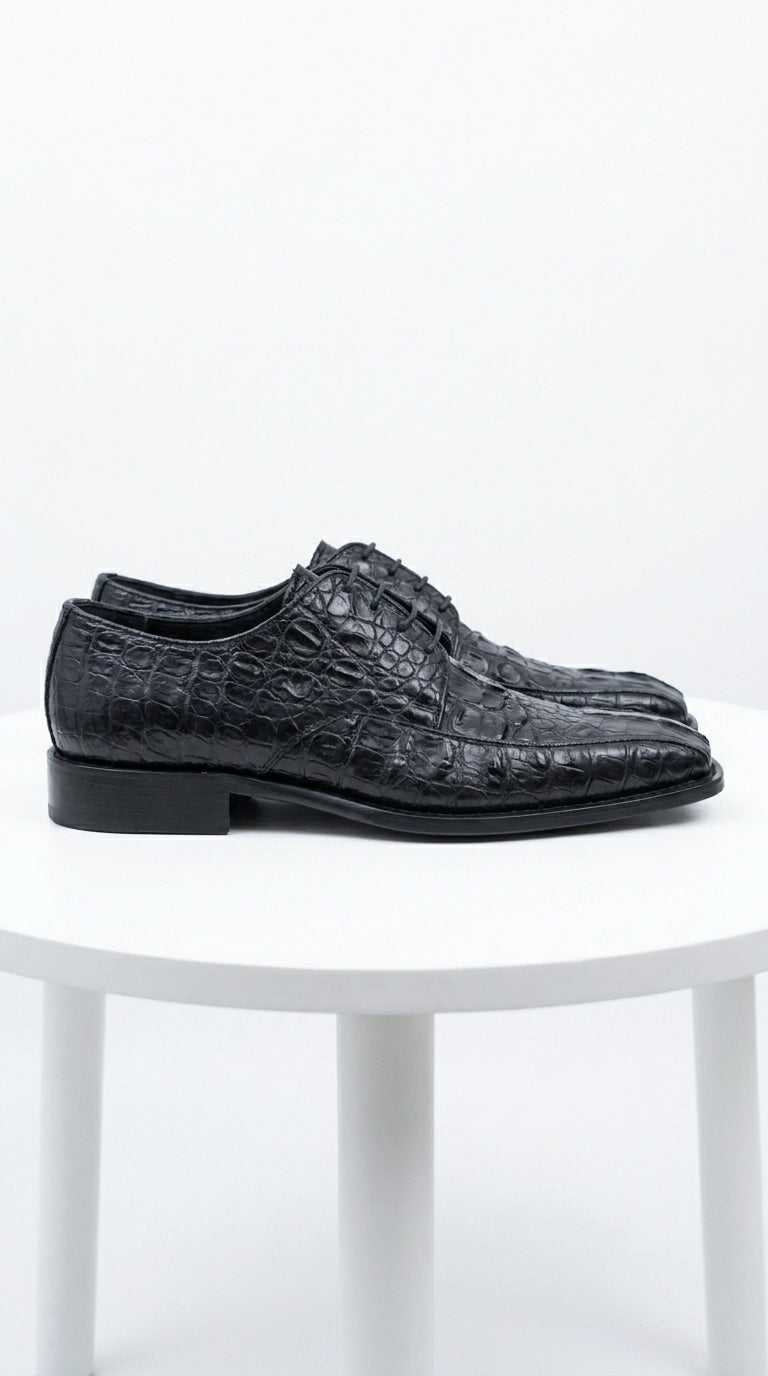 Men’s Los Altos Black Gator Belly Dress Shoes with Lace Up Front, Exotic Style Formal Shoes