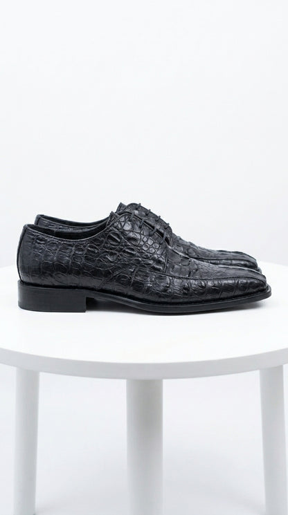 Men’s Los Altos Black Gator Belly Dress Shoes with Lace Up Front, Exotic Style Formal Shoes