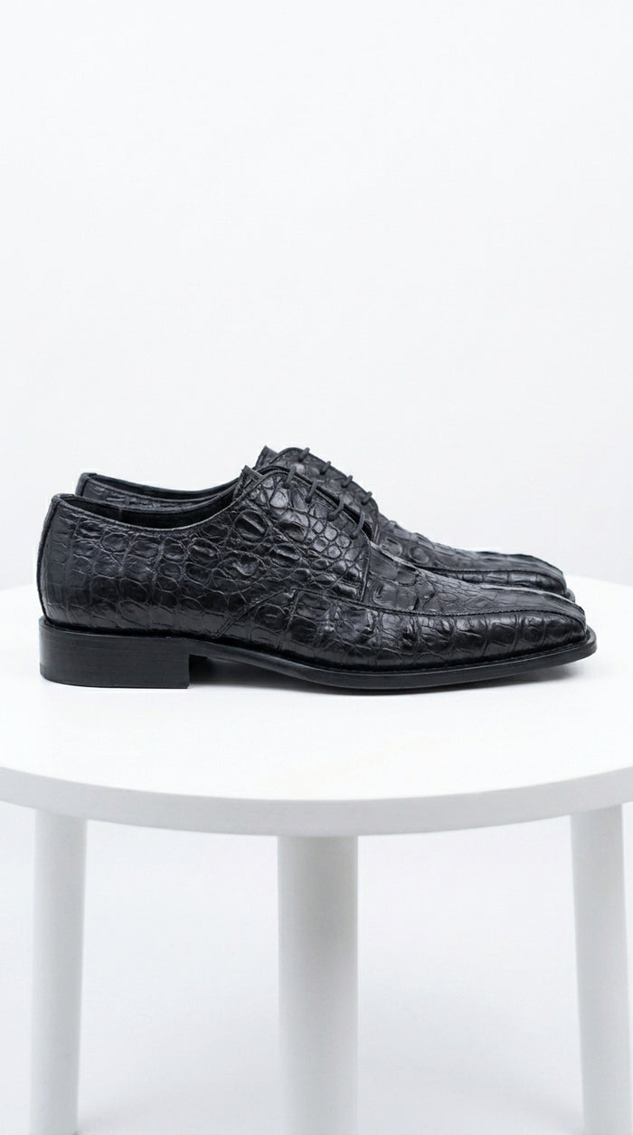Men’s Los Altos Black Gator Belly Dress Shoes with Lace Up Front, Exotic Style Formal Shoes
