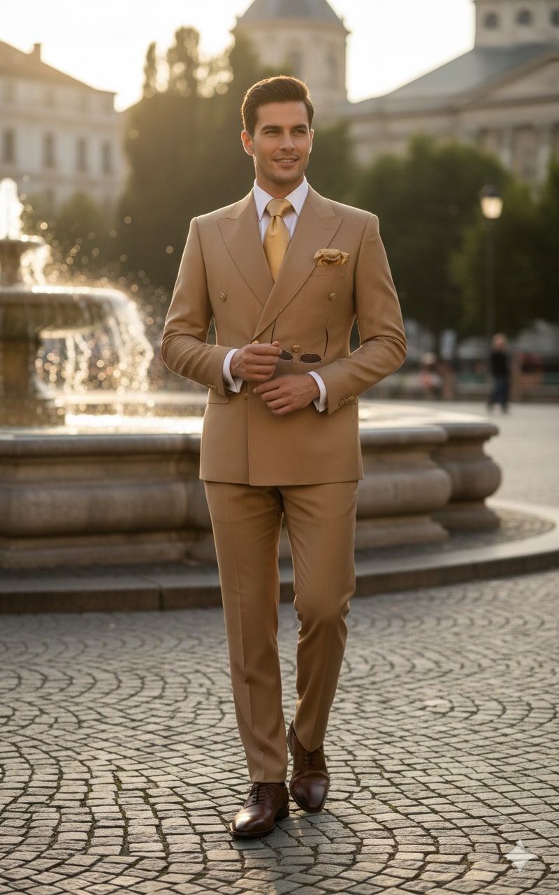 Mens Camel - Bronze - Goldish khaki Double-Breasted Suit – Luxury 2-Piece Formal Set with Gold Buttons and Peak Lapels by Rossi Man - Image 7