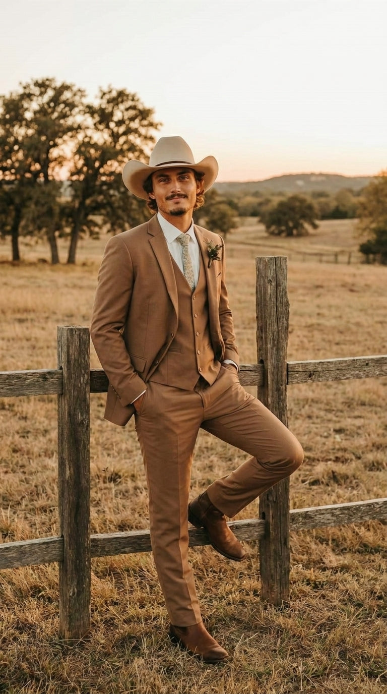 Mens Camel Brown Copper Western 3 Piece Suit – Classic Country Style Blazer Vest Pants Set, Formal Cowboy Suit Outfit