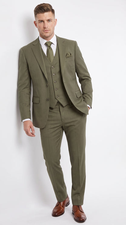 Men’s Olive Green Tone-on-Tone Shadow Pinstripe  3 Piece Suit – Modern Formal Suit with Vest Shadow Stripe
