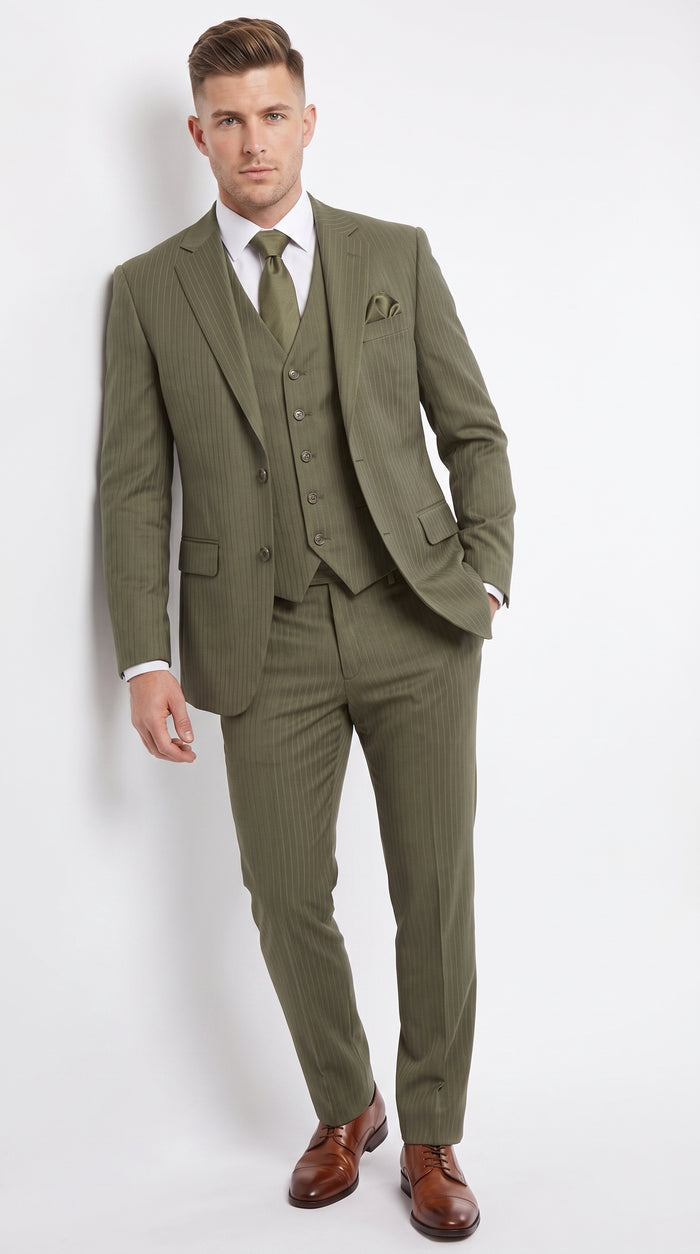 Men’s Olive Green Tone-on-Tone Shadow Pinstripe  3 Piece Suit – Modern Formal Suit with Vest Shadow Stripe