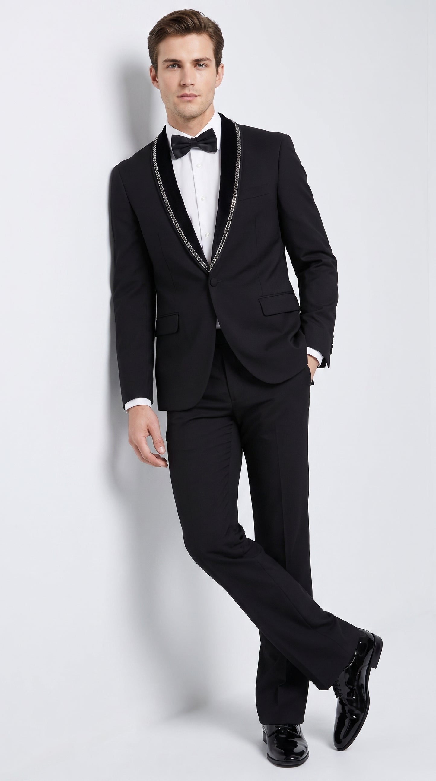 Men’s 1970s Style Black Boot Cut Tuxedo Suit – Shawl Lapel Wedding, Prom and Formal 2-Piece Suit