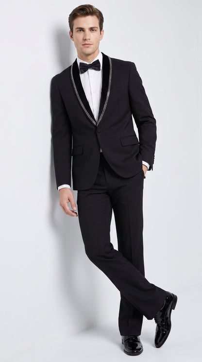 Men’s 1970s Style Black Boot Cut Tuxedo Suit – Shawl Lapel Wedding, Prom and Formal 2-Piece Suit