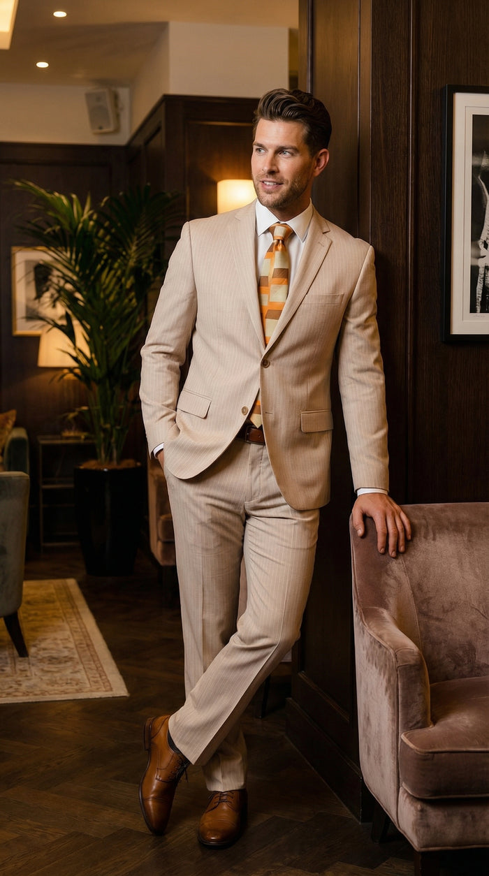 Vitali Men’s Natural Beige Pinstripe Suit – Summer Tan Pinstripe  Weddings and Business Wear Modern Fit