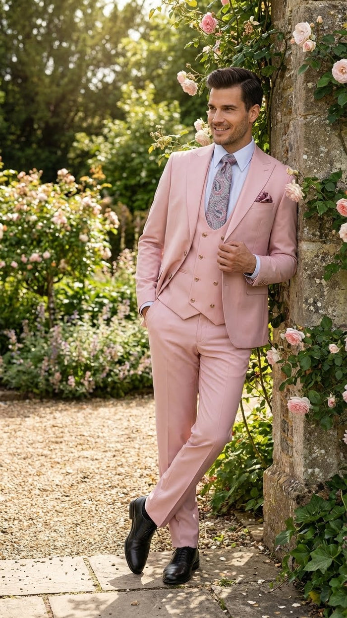 Men’s Blush Pink and Gold Three-Piece Suit – Tailored Fit Formal Wedding, Vested Suit By Rossiman Modern Fit