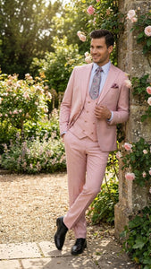Men’s Blush Pink and Gold Three-Piece Suit – Tailored Fit Formal Wedding, Vested Suit By Rossiman