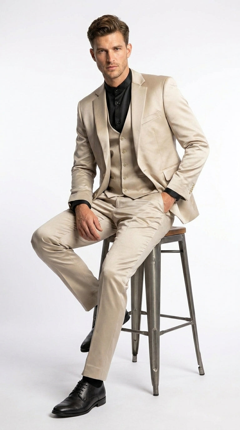Mens 3-Piece Slim-Fit Shiny All Satin Suit Champagne